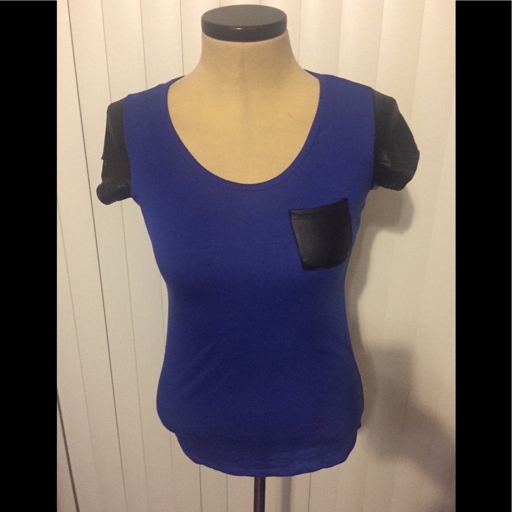 Medium royal blue w/black faux leather t-shirt